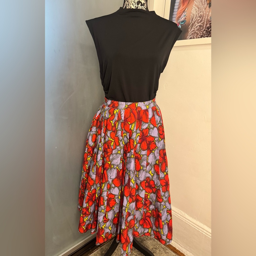 H&M Red A-Line Midi Skirt with Pleats